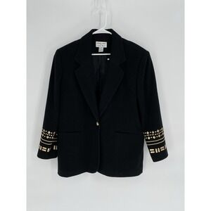 Focus 2000 By Charles Glueck Women Size 18 Black Blazer Wool Cashmere Gold Stud
